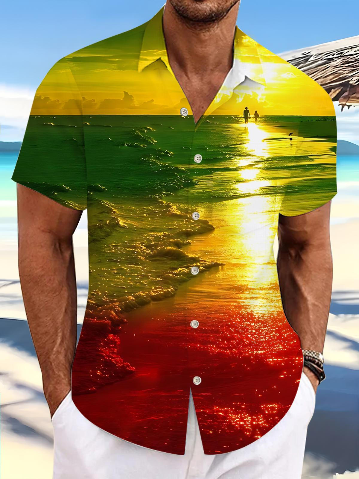 Beach Print Men's Pocket Short Sleeve Shirts