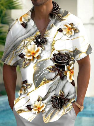 Men's floral short sleeve Hawaiian shirt front view for tropical beach vacation
