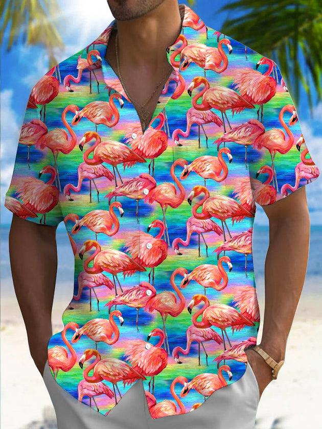 Men's short sleeve flamingo print shirt front view