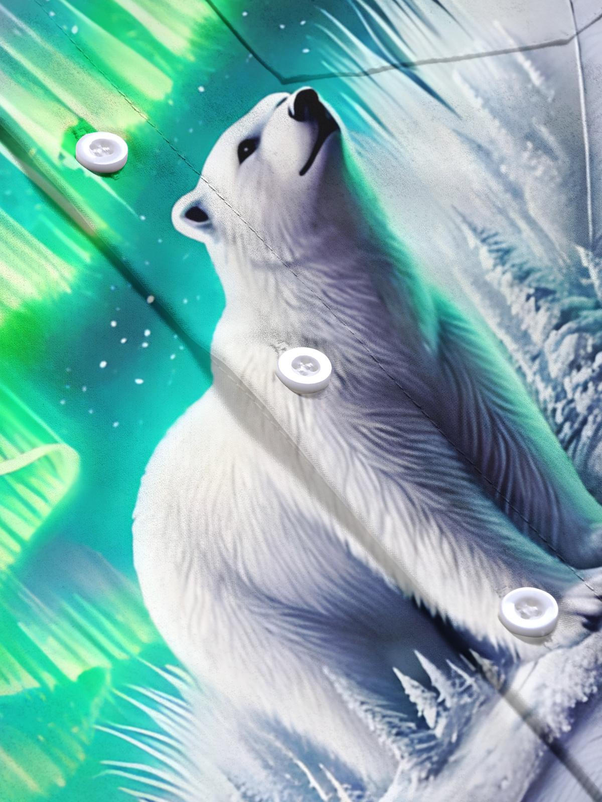 Polar Bear Aurora Snow Scene Print Men's Pocket Short Sleeve Shirts