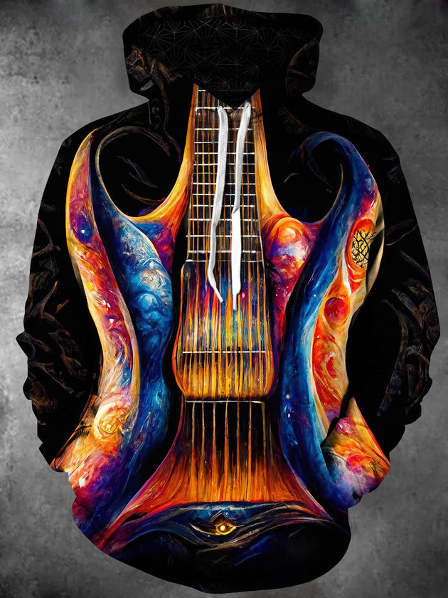 Men's guitar graphic long sleeve pullover hoodie front view