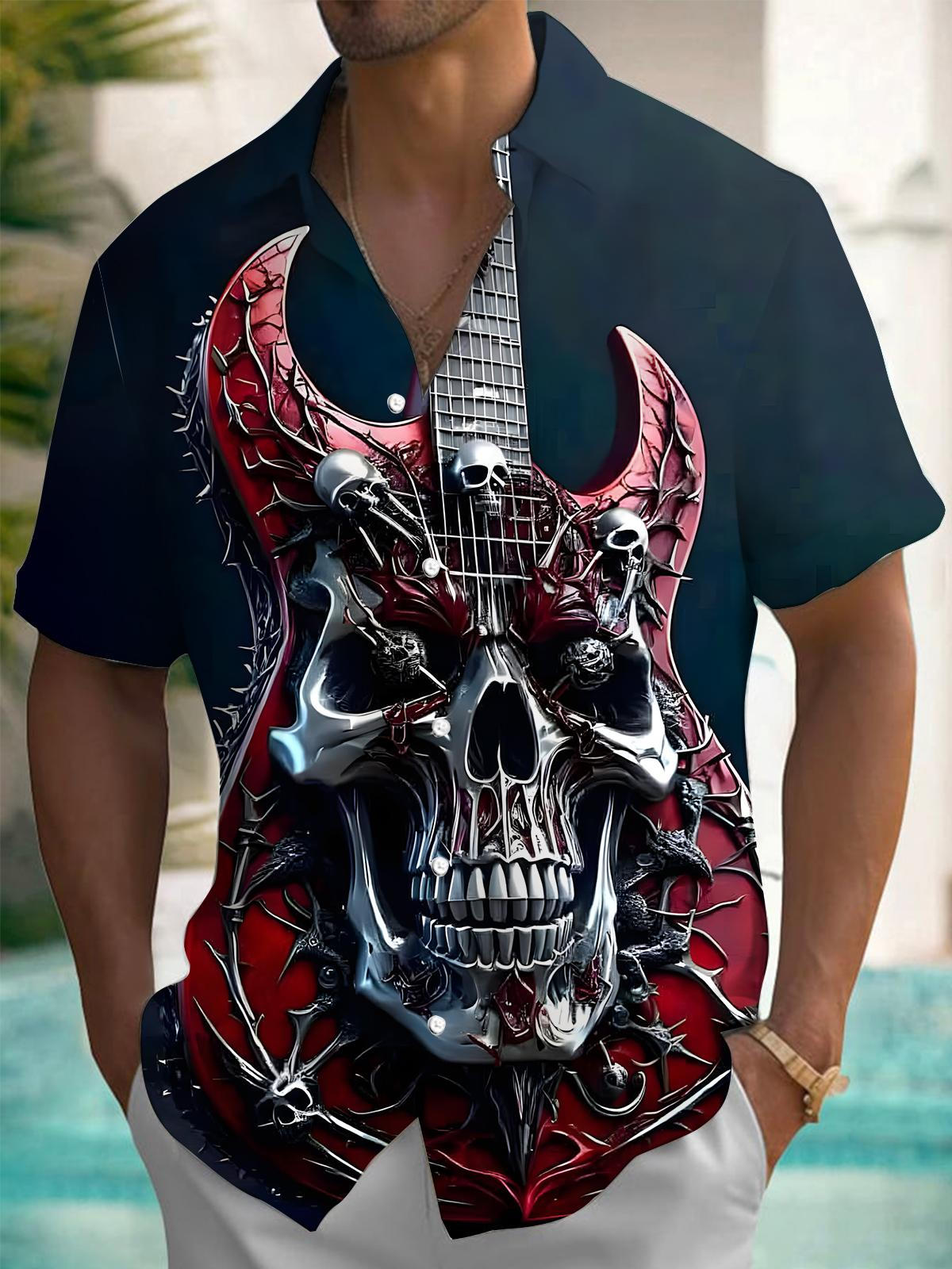 Skull Guitar Print Men's Pocket Short Sleeve Shirts