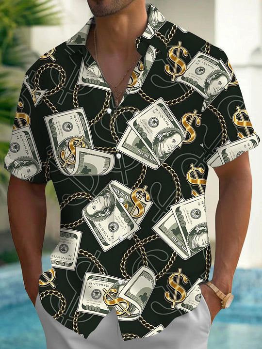 Men's short sleeve pocket shirt with dollar print front view