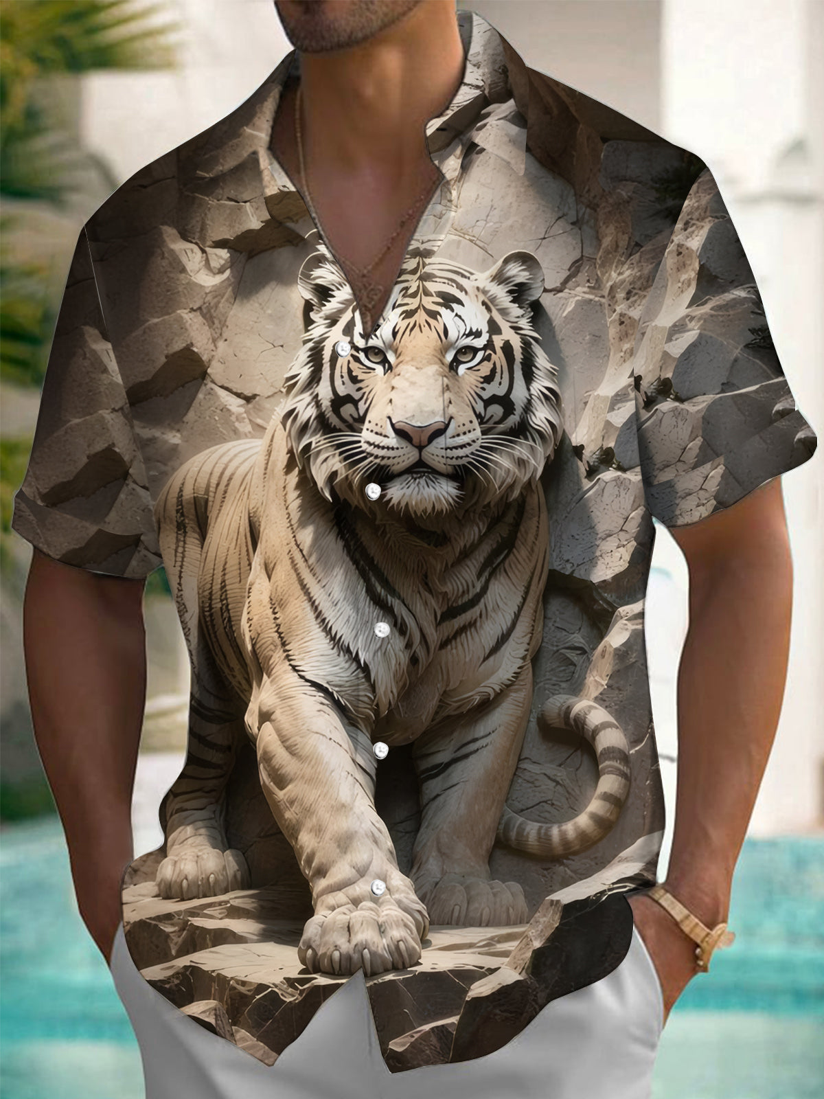 Tiger Print Men's Pocket Short Sleeve Shirts