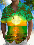 Sunset Landscape Print Men's Pocket Short Sleeve Shirts