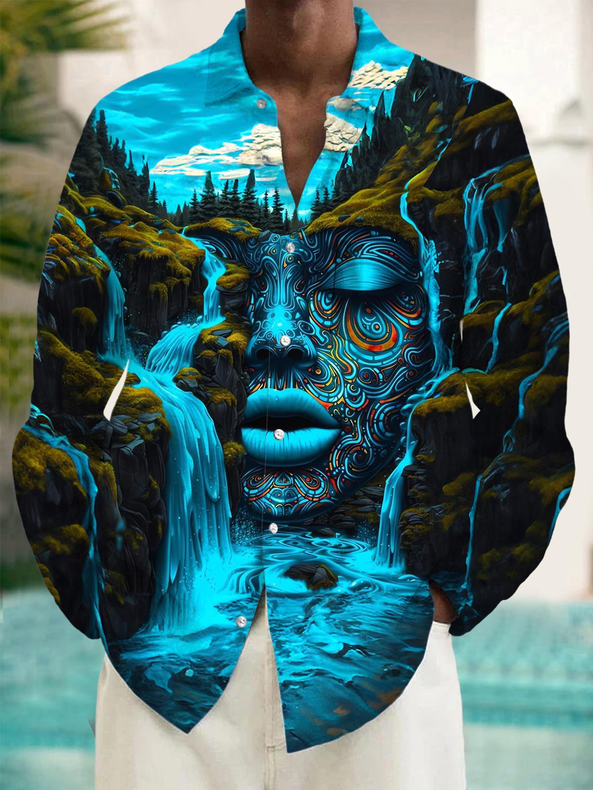 Abstract Human Face Mountain Waterfall Men's Pocket Long Sleeve Shirts