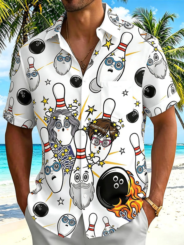 Fun Cartoon Bowling Sports Party Men's Pocket Short Sleeve Shirts