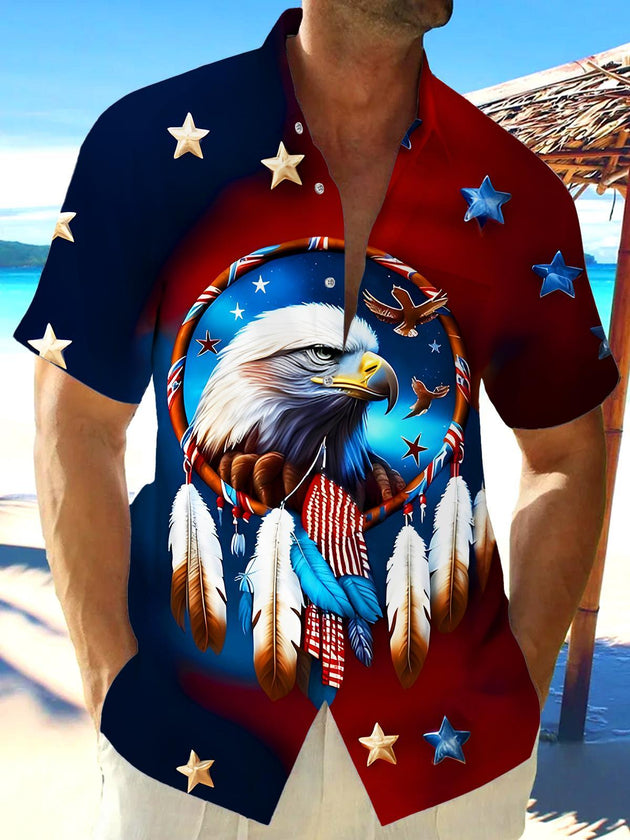 American Flag Dreamcatcher Eagle Independence Day Men's Pocket Short Sleeve Shirts
