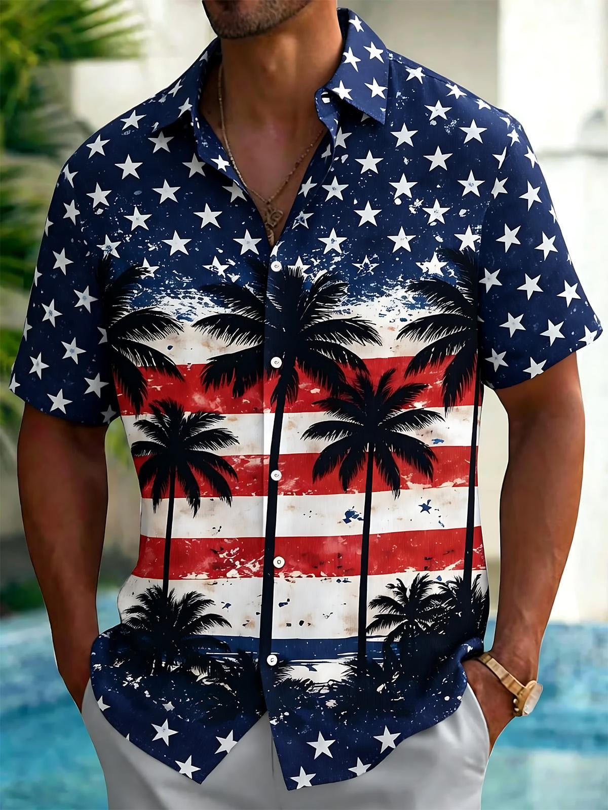 American Flag Palm Tree Print Men's Pocket Short Sleeve Shirts