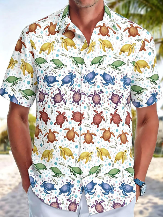 Pride Month Turtle Hawaiian Print Men's Pocket Short Sleeve Shirts
