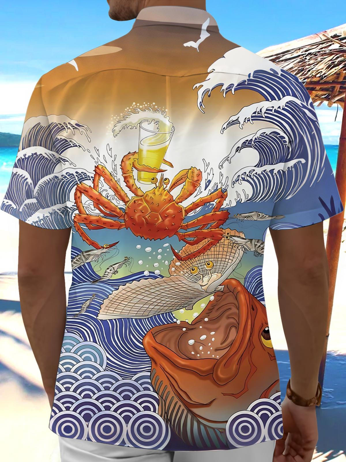 Ukiyo-e Marine Life Beer Print Men's Pocket Short Sleeve Shirts