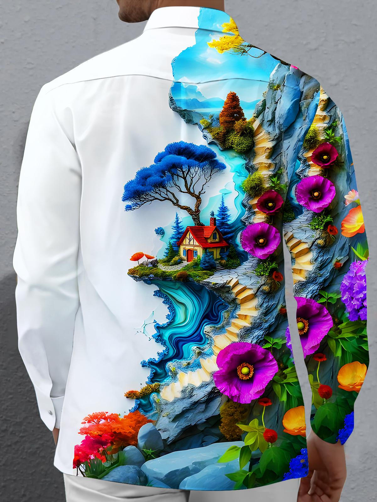 Art Kaohsiung Floral Tree House Men's Pocket Long Sleeve Shirts