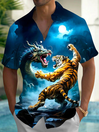 Men's black dragon print short sleeve shirt front view