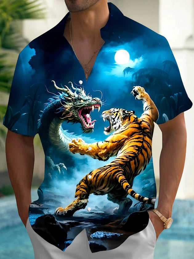 Men's black dragon print short sleeve shirt front view