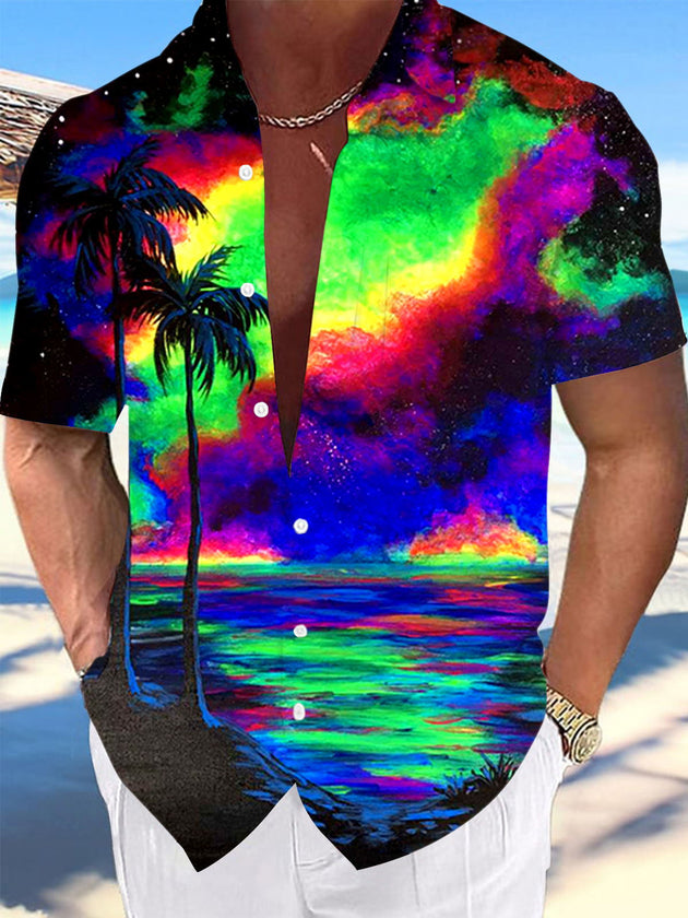 Men's Hawaiian Coconut Tree Print Short Sleeve Shirt Front View for Tropical Beach Vacation