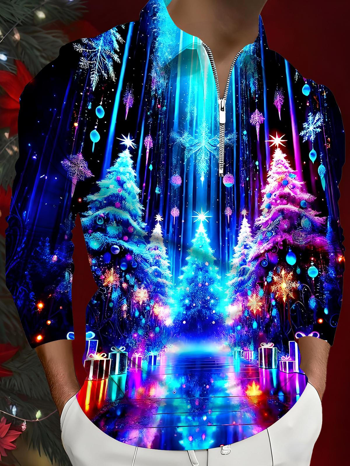 Christmas Tree Men's Long Sleeve Zipper Polo