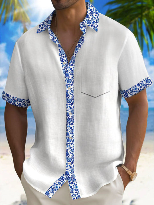 Men's floral print pocket short sleeve shirt front view