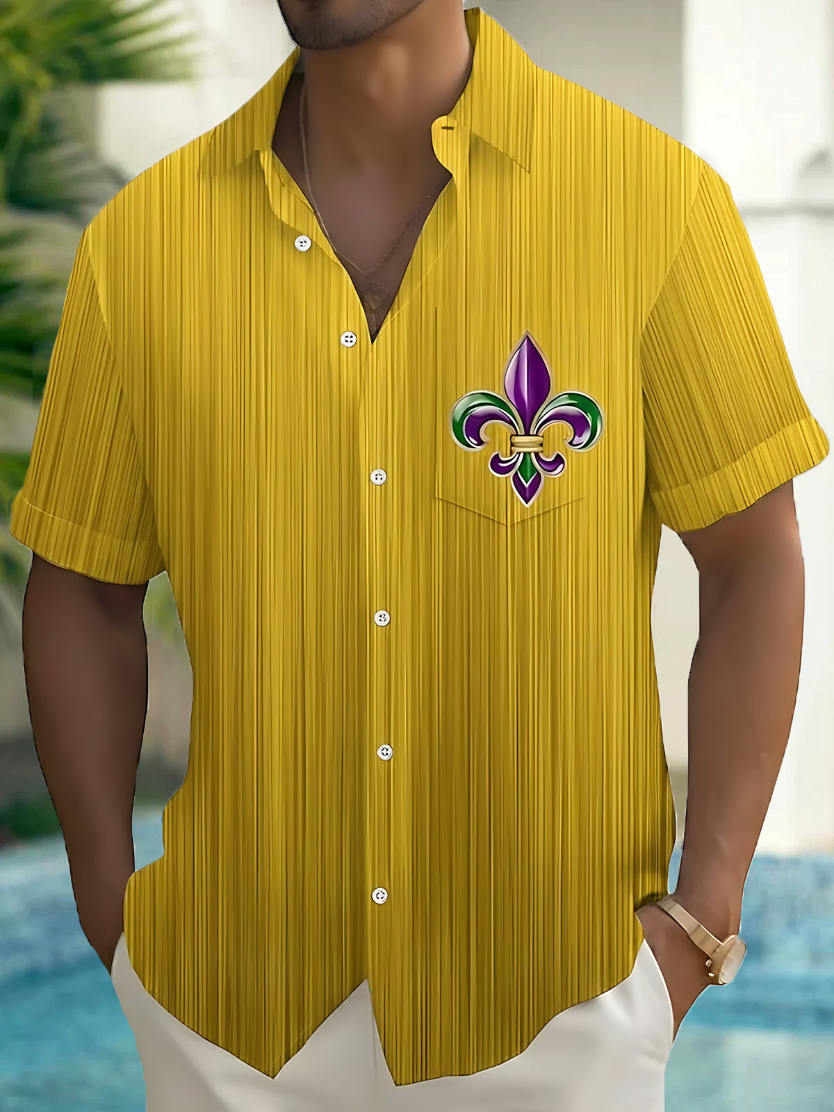 Mardi Gras Print Men's Pocket Short Sleeve Shirts