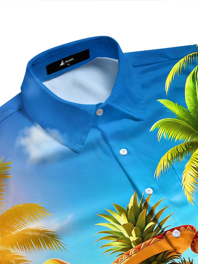 Fun Hawaiian Pineapple Band Playing Guitar Men's Pocket Short Sleeve Shirts