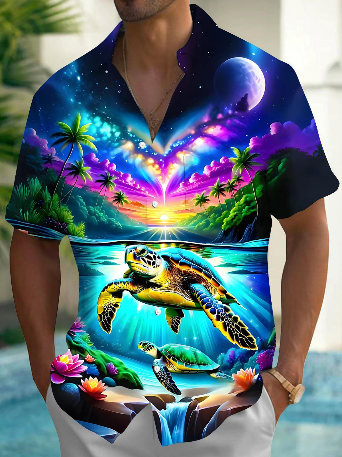 Hawaiian Sea Turtle Men's Pocket Short Sleeve Shirts