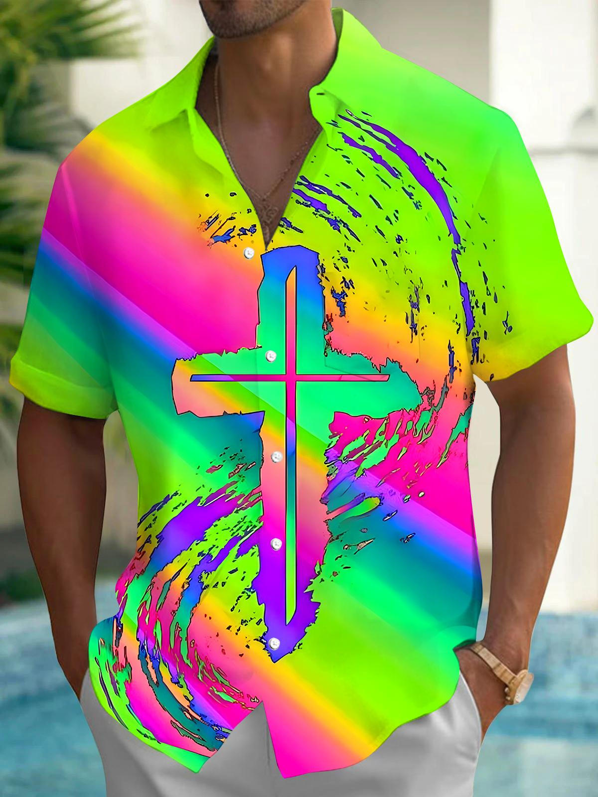 Religion Cross Tie Dye Men's Pocket Short Sleeve Shirts