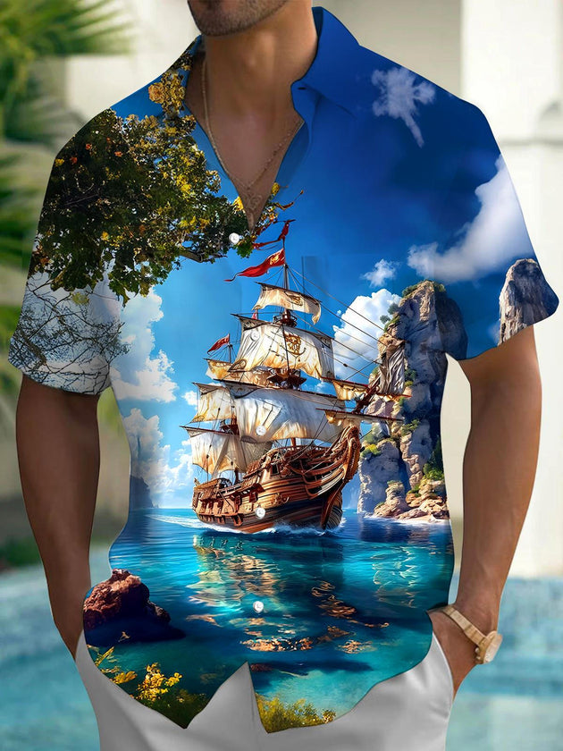 Men's short sleeve Hawaiian shirt front view for tropical beach vacation