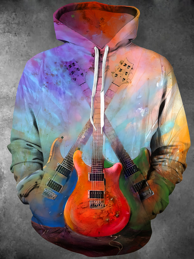 men's guitar gradient print long sleeve pullover hoodie front view