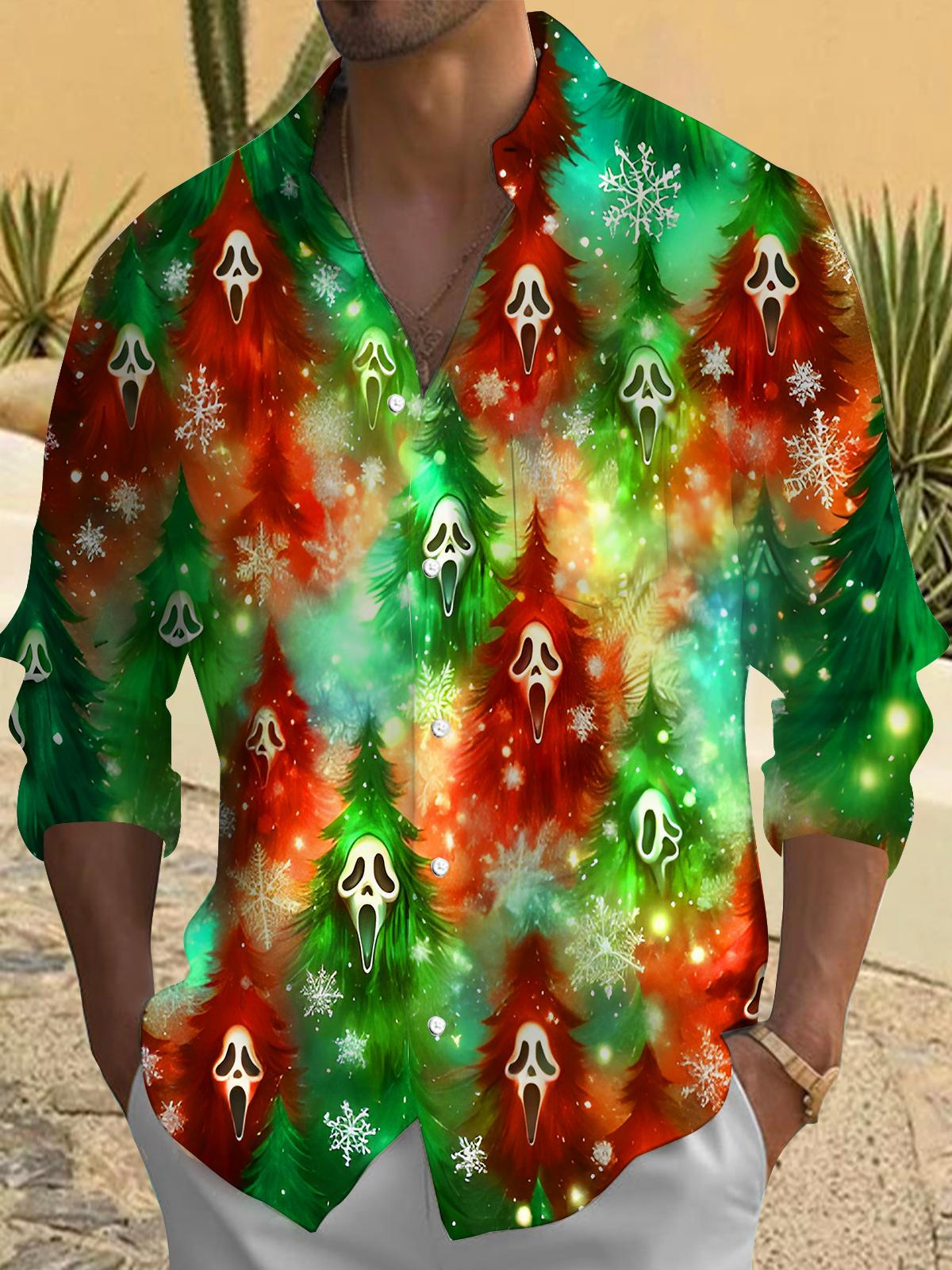 Funny Tie Dye Screaming Christmas Tree Snowflakes Xmas Men's Pocket Long Sleeve Shirts