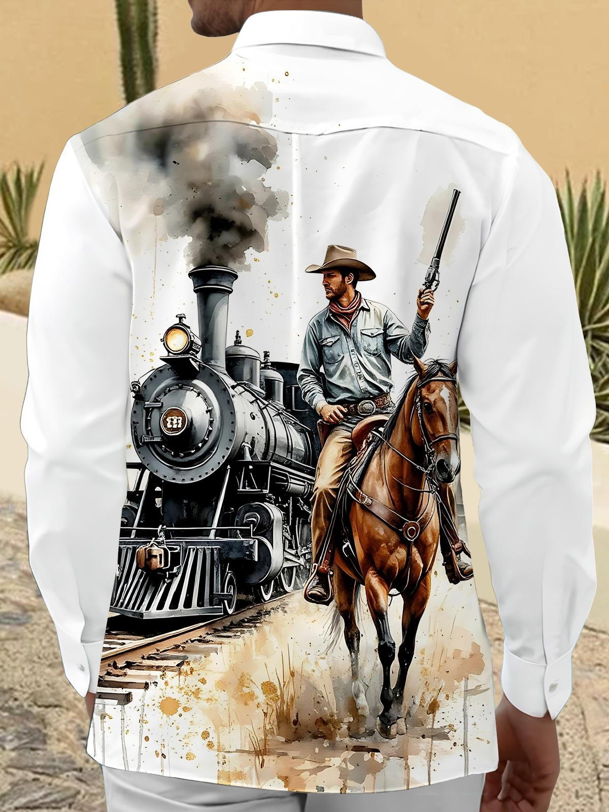 Western Cowboy Train Print Men's Pocket Long Sleeve Shirts