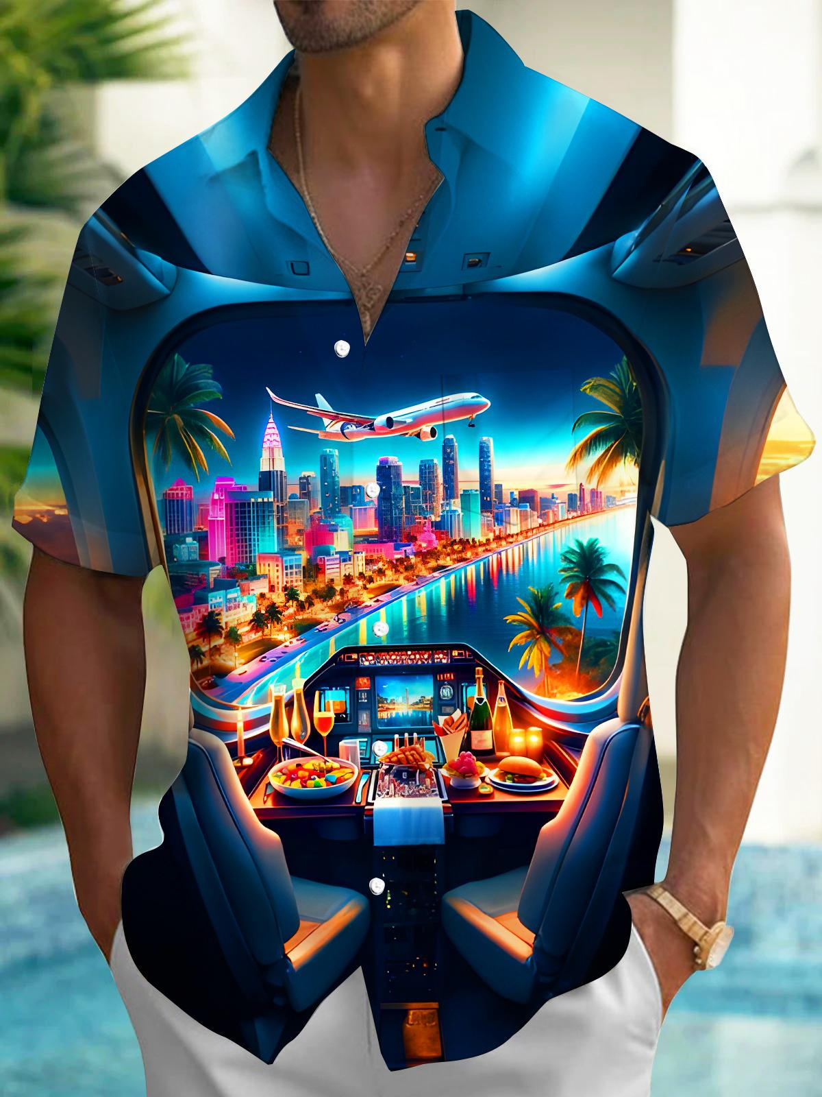 Aircraft Cockpit Coconut Trees City Night View Men's Pocket Short Sleeve Shirts