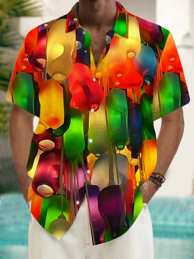 Men's Bottle Print Pocket Short Sleeve Shirt Front View