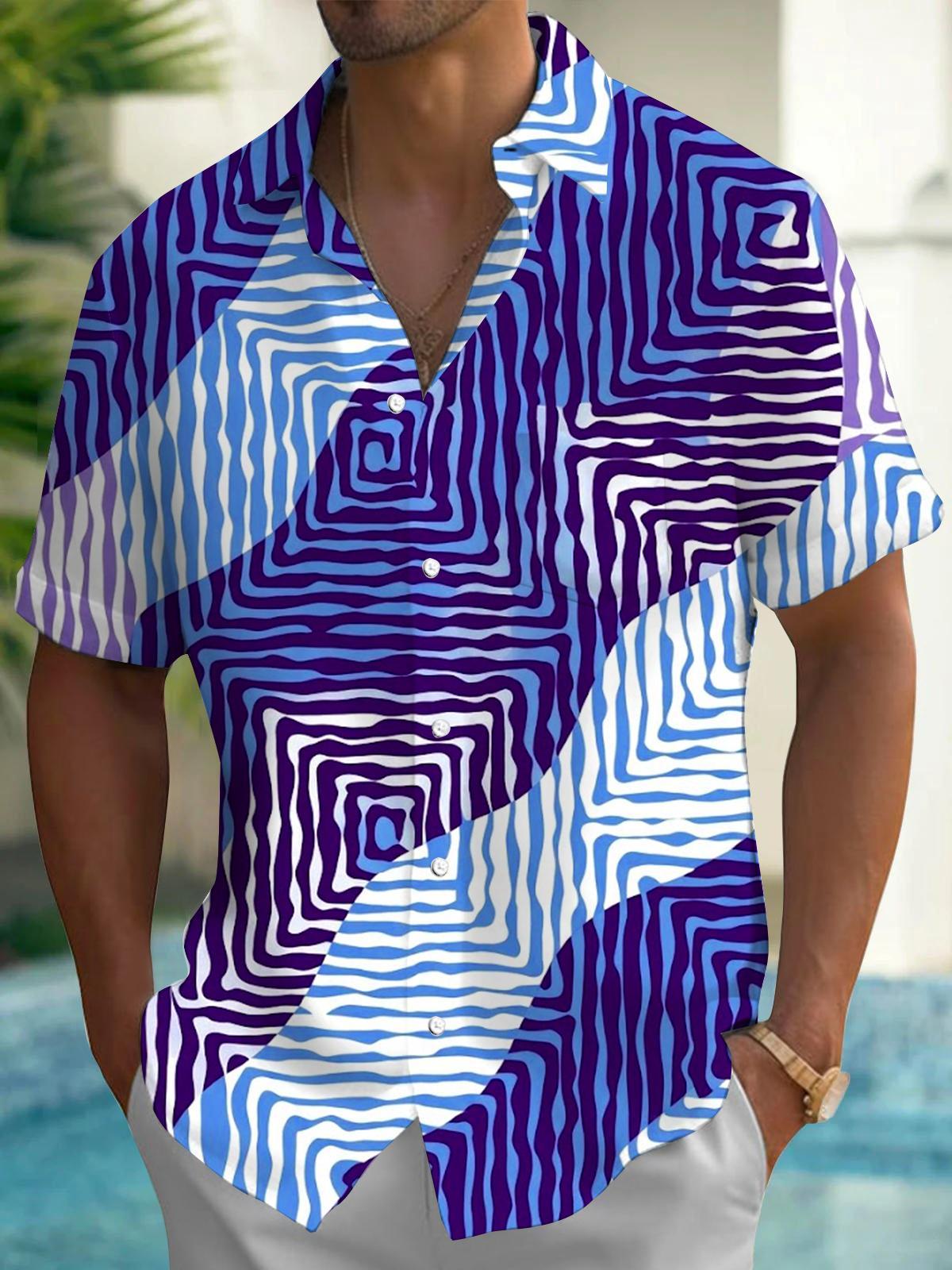 Blue Purple Gradient Distorted Geometric Ripple Psychedelic Abstract Men's Pocket Short Sleeve Shirts