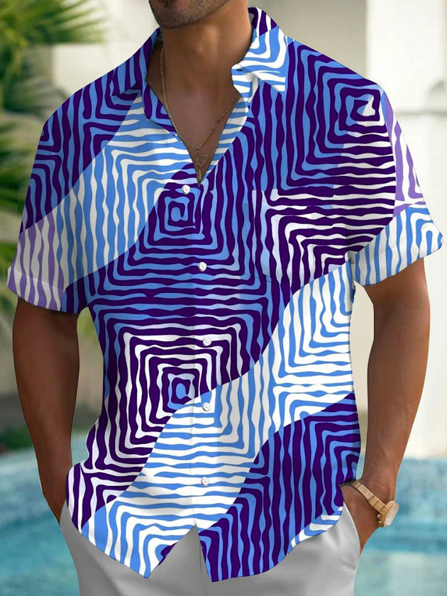 Blue Purple Gradient Distorted Geometric Ripple Psychedelic Abstract Men's Pocket Short Sleeve Shirts