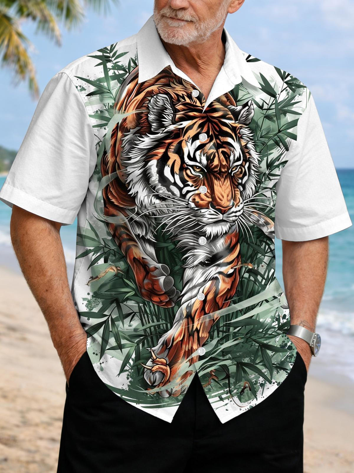 Tiger Bamboo Print Men's Pocket Short Sleeve Shirts