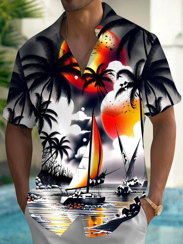 Men's blue Hawaiian short sleeve shirt front view for tropical beach vacation