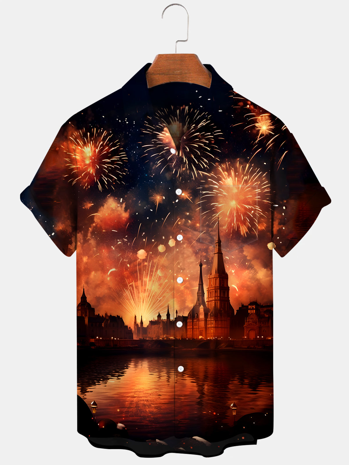 New Year Firework Men's Pocket Short Sleeve Shirts