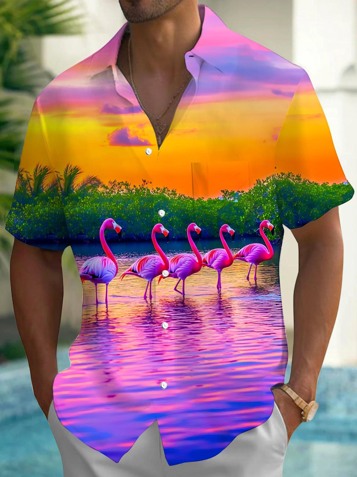 Flamingo Men's Pocket Short Sleeve Shirts