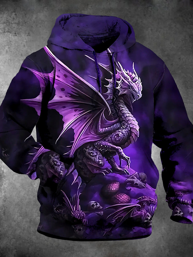 Men's black dragon print long sleeve pullover hoodie front view