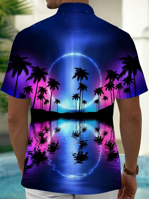 Men's colorful Hawaiian coconut tree pocket short sleeve shirt back view