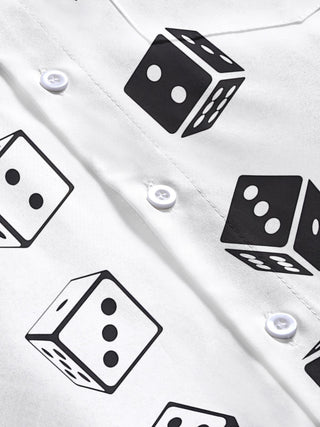 Men's dice print pocket short sleeve shirt flat lay view highlighting geometric pattern