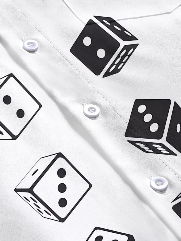 Men's dice print pocket short sleeve shirt flat lay view highlighting geometric pattern