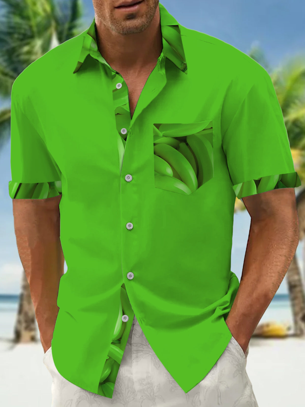 Green Banana Print Men's Pocket Short Sleeve Shirts