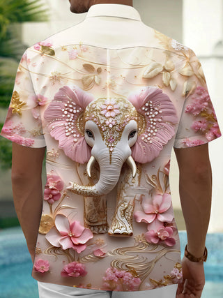 Men's black elephant floral art print short sleeve shirt back view