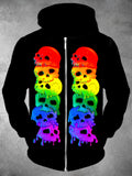 Rainbow Skull Long Sleeve Pocket Men's Zip Up Hoodies