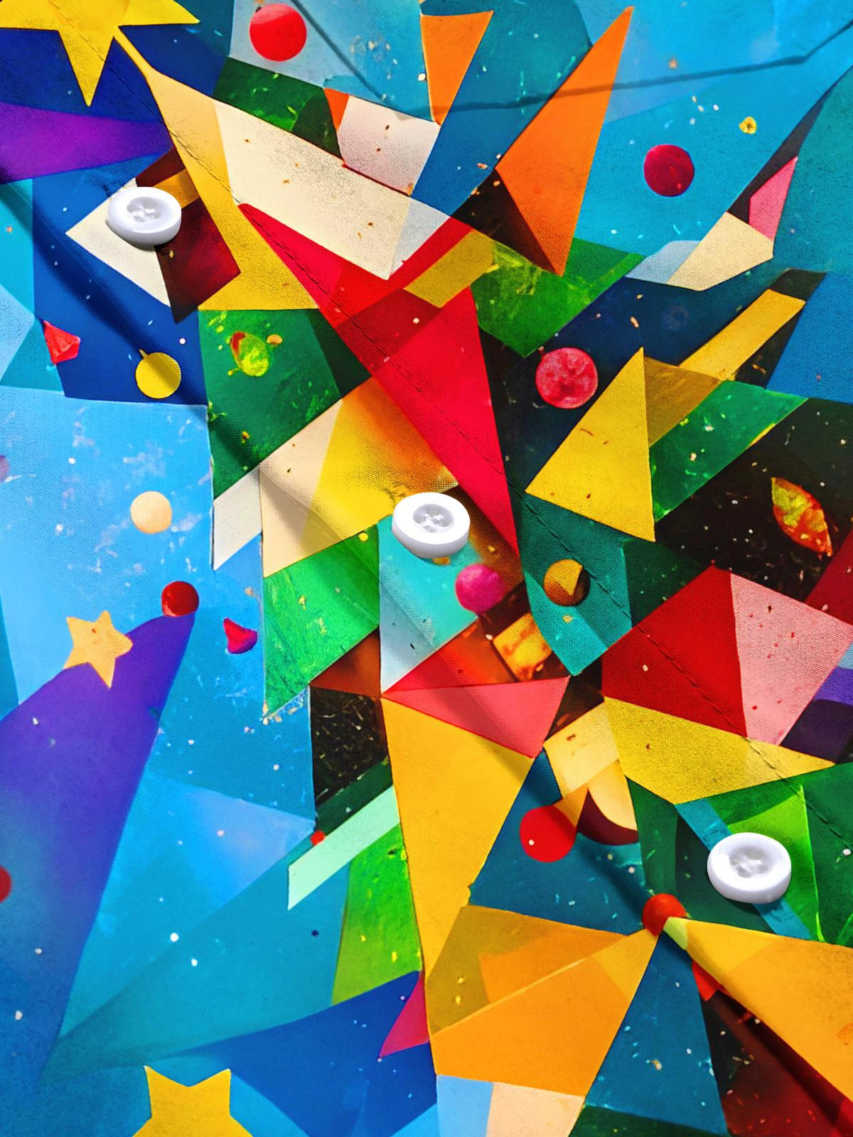 Colorful Geometric Christmas Tree Stars Men's Pocket Short Sleeve Shirts