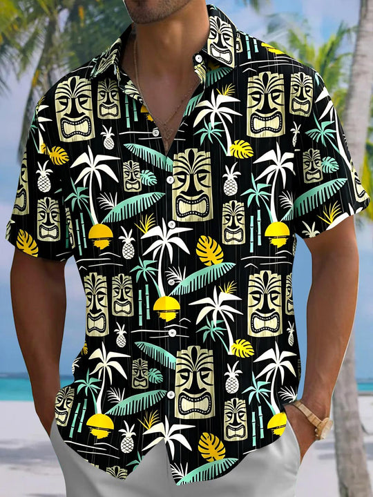 Hawaiian Tiki Coconut Tree Men's Pocket Short Sleeve Shirts