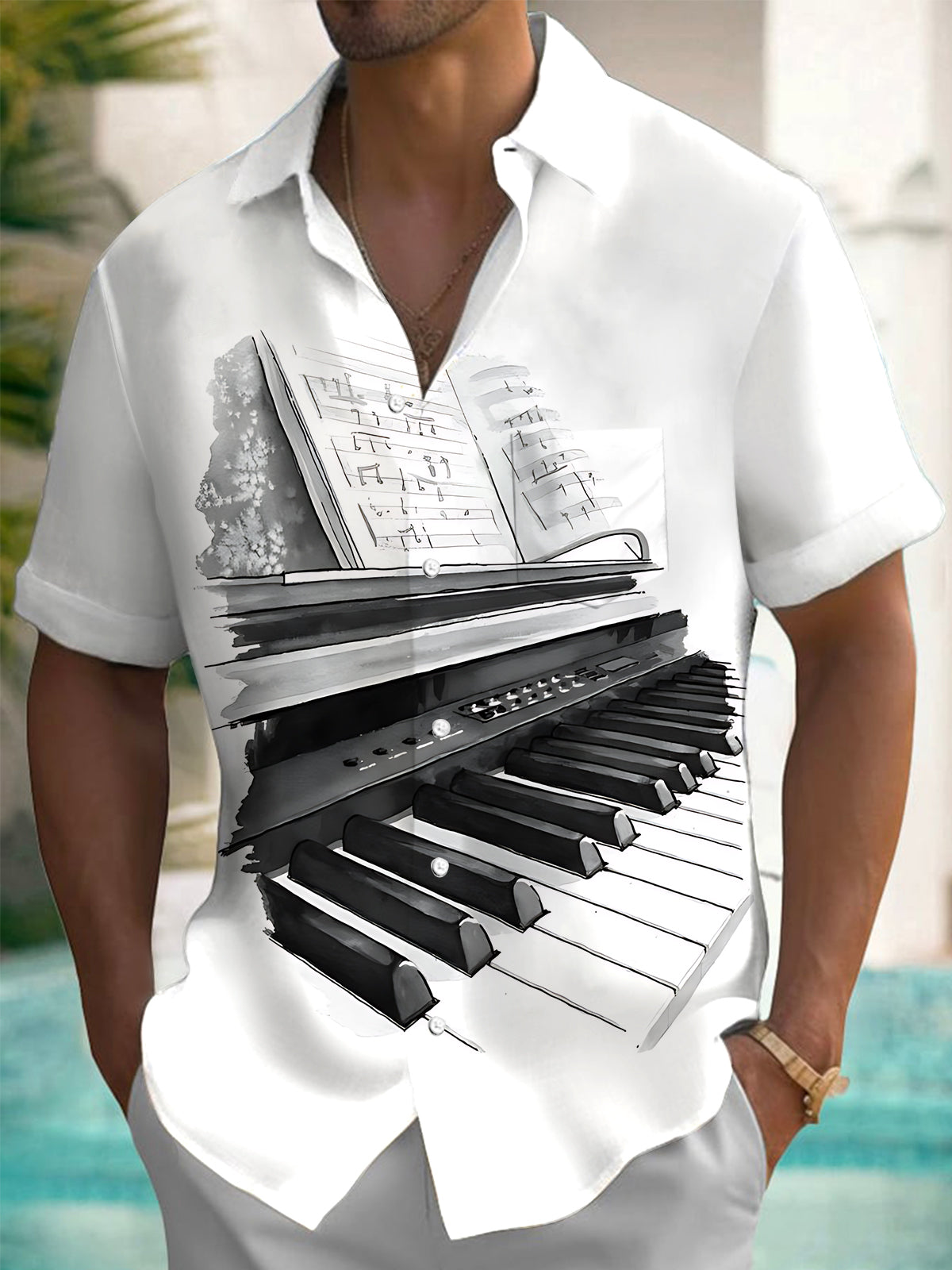 Piano Print Men's Pocket Short Sleeve Shirts