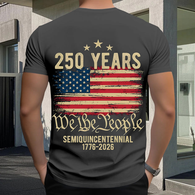 Men casual American flag print graphic tee lifestyle side view for Independence Day