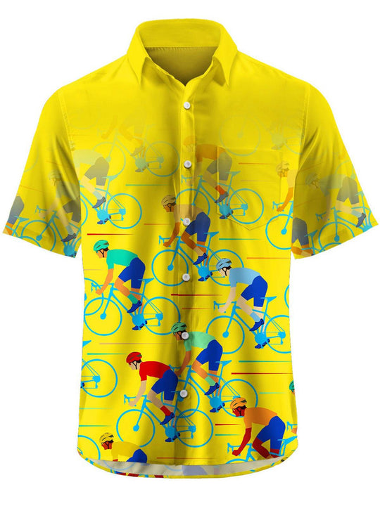 Men's blue bicycle print short sleeve shirt front view