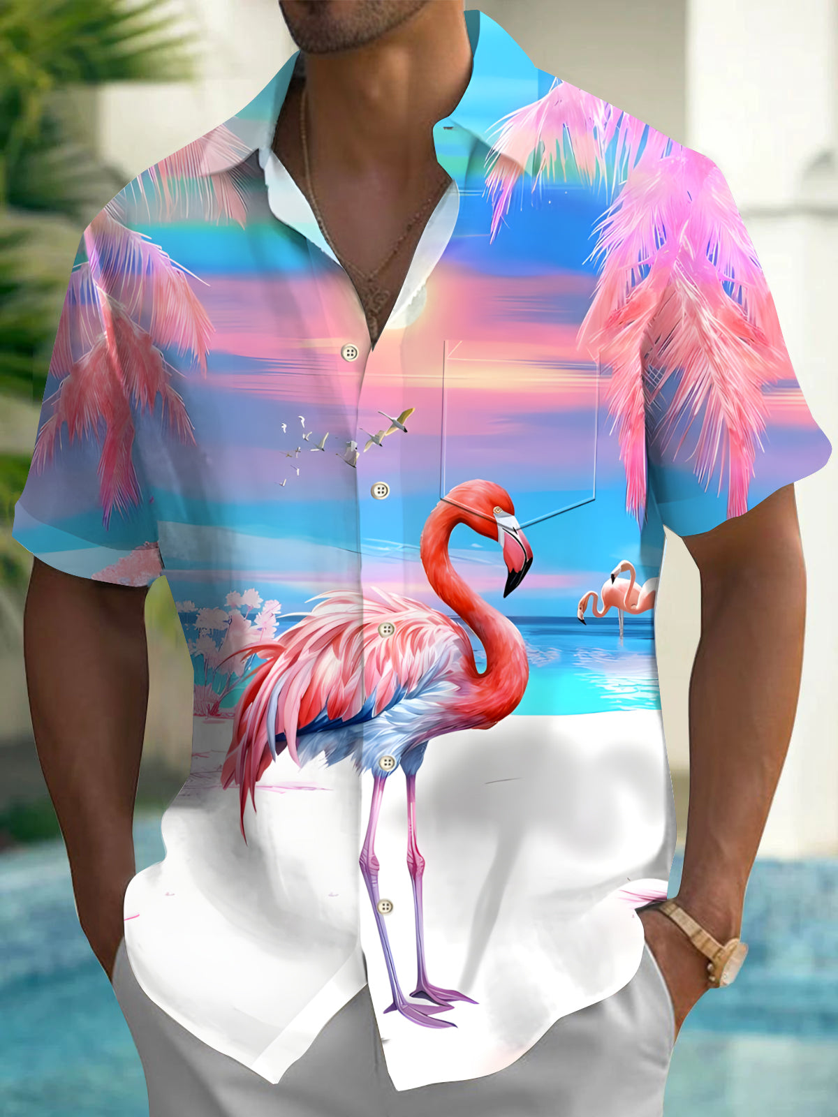 Hawaiian Coconut Tree Flamingo Men's Pocket Short Sleeve Shirts